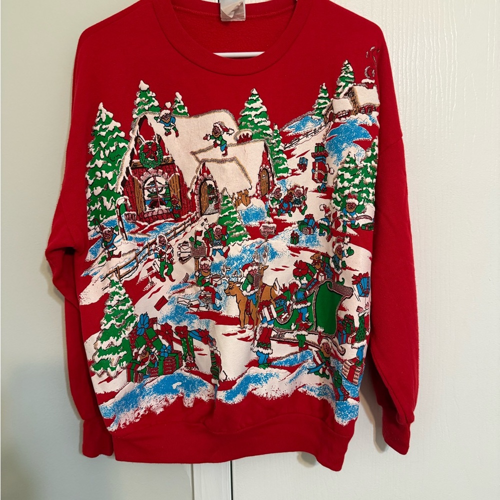 Vintage Land‎ n Sea Christmas Sweatshirt Red Elves Santa Workshop Puff Print Med